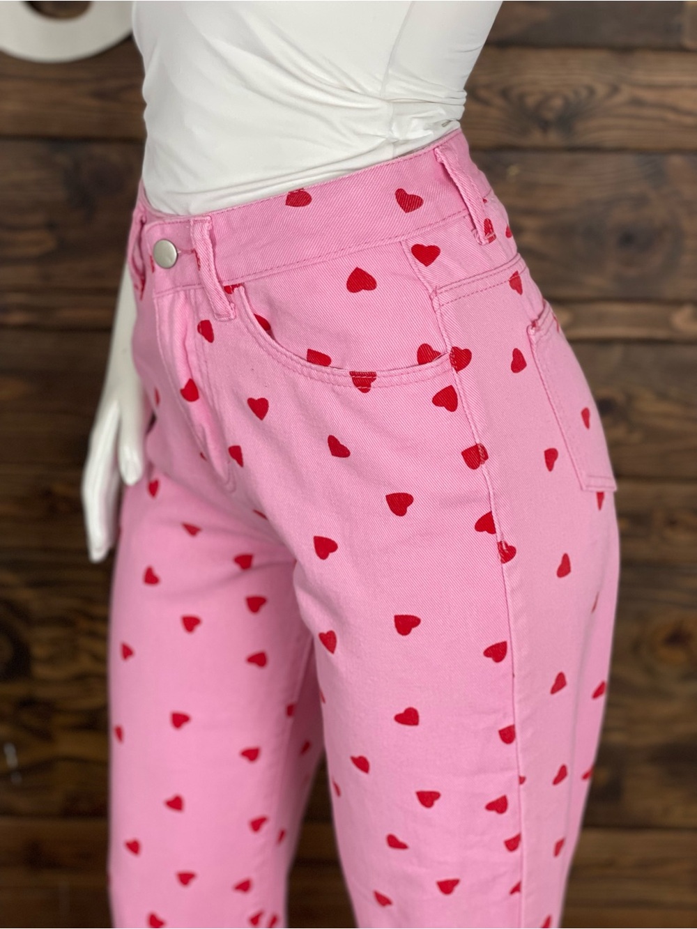 SHEIN | High Waist Straight Denim Jeans Pink Red Heart Print - Picture 9 of 10